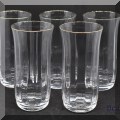G08. Set of 5 gold rimmed water glasses. 6”h - $25 